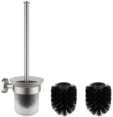 FORIOUS Toilettenbürste mit Verlängertem Edelstahlgriff Wandmontage | 304 Edelstahl WC Bürste/WC Bürstengarnitur，Klobürste Wandmontage aus Edelstahl + Glas, mit Halter & 2 Bürstenköpfen