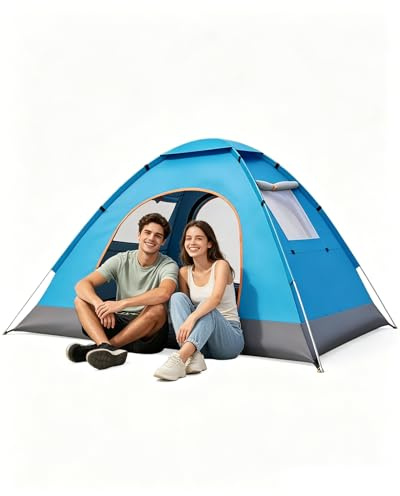 Tenda da Campeggio 2 Persone Pop Up Pieghevole, Tenda Impermeabile Leggera con Doppia Porta e Doppie Finestre, Protezione dal Sole, per Trekking, Escursionismo, Spiaggia e Outdoor
