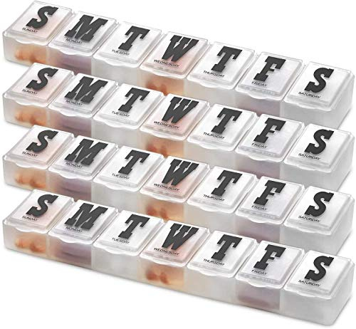 Piluliers de Voyage - Paquet de 4 Boîtes à Médicaments Étiquetées pour 28 Jours de Préparation de vos Comprimés, Compléments et Vitamines