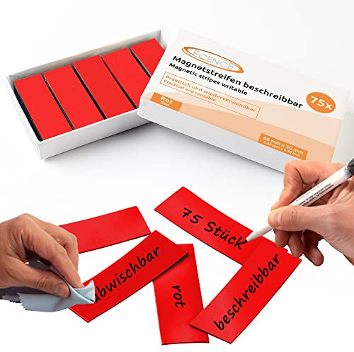ECENCE Magnetstreifen beschreibbar 75 Stück - 60x20mm - Rot | abwischbare Magnetschilder - Magnet-Etiketten zuschneidbar für Whiteboards, Kühlschränke, Magnettafeln