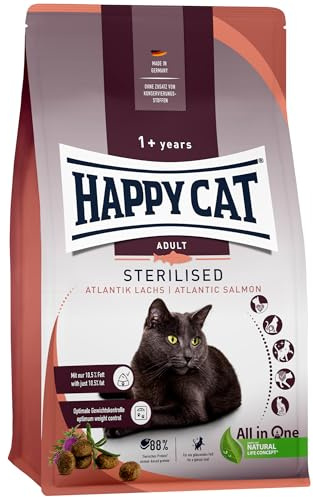 Happy Cat 70581 - Sterilised Adult Atlantik Lachs - Trockenfutter für sterilisierte Katzen und Kater - 10 kg Inhalt | Katzenfutter für kastrierte und Wohnungskatzen mit Atlantik-Lachs, 88 % tierisches Protein, 10,5 % Fett, Omega-3