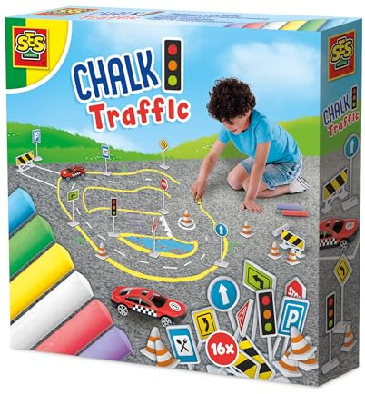 SES Creative Playground Chalk Set, Create Roads on Pavements and Playgrounds for Cars, Chalk Board Drawing, Bright, Non Toxic Washable Chunky Pieces with Transport Accessories