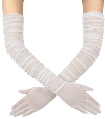 QRBTSCL Women's Stretchy Super Long Tulle Gloves Ruched Opera Mush Semi Sheer Gloves for Evening Party Ivory