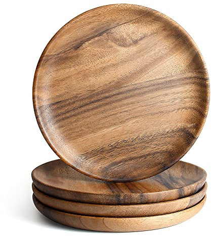 AOOSY Juego de 4 platos redondos de madera de acacia de 8 pulgadas, fáciles de limpiar y ligeros para platos, aperitivos, postres