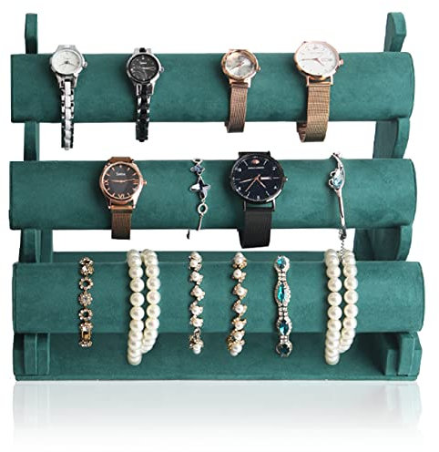 Pinkgarden Espositore per gioielli in velluto a 3 ripiani, con barra a T, per bracciali, collane, orologi (verde scuro)