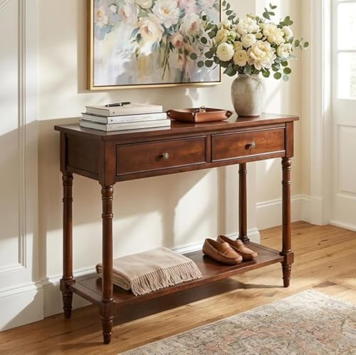 PADMA HOUSE Konsolentisch mit 2 Schubladen, Kleiner Sofatisch mit Ablageflächen, Eingangstisch Flurtisch für Wohnzimmer, Büro 90 * 35 * 76,5 cm (Braun)