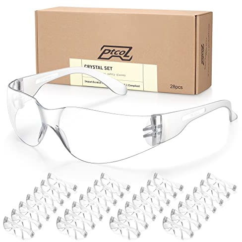 PTCOL 28 Pack Safety Glasses Crystal Clear (Bulk Pack of 24+4) Unisex Anti-Scratch Protective Goggles Impact Resistant Lens Eyewear with ANSI Z87.1 Certified for Construction, Shooting and Laboratory
