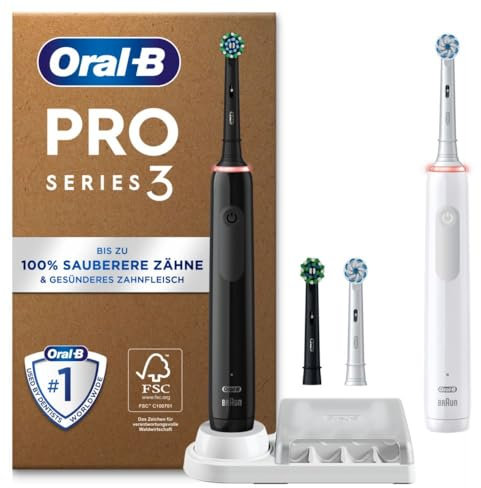 Oral-B Pro Series 3 Plus Edition Doppelpack Elektrische Zahnbürste, 4 Aufsteckbürsten, mit visueller 360° Andruckkontrolle für Zahnpflege, Designed by Braun, Black/White