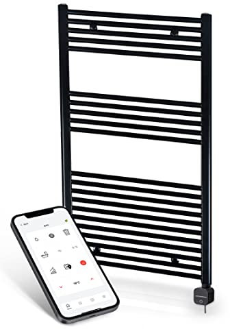 anapont Radiateur de salle de bain électrique 1175 x 500 cm - Noir - Minuterie programmable par application - Radiateur pour serviettes - Chauffage électrique - Sèche-serviettes