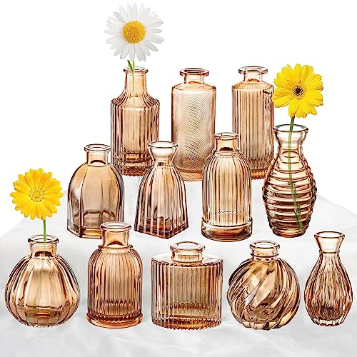 Juego de 12 jarrones ámbar pequeños de Cristal para Flores, Moderno jarrón de Vidrio ámbar Acanalado para decoración, jarrón de Flores a Granel, decoración Vintage Bohemia, centros de Mesa de Boda,