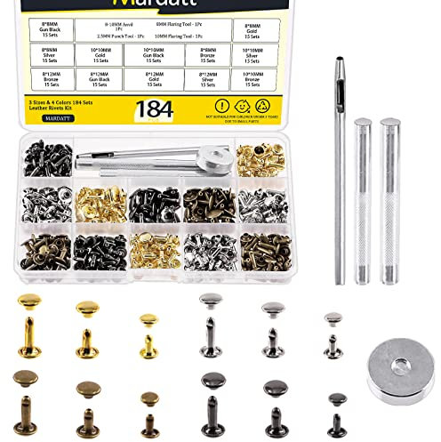 Mardatt 180 Sets Double Cap Rivets with Setting Tool Kit, 4 Colors 3 Sizes Leather Rivets Double Cap Rivet Tubular Metal Studs for DIY Leather Craft Repair and Decoration