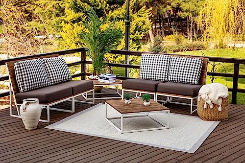 Livabliss Belek Tapis Exterieur Terrasse Balcon, Véranda, Patio - Géométrique Scandinave, Boheme Chic et Oriental - Tapis Jardin Extérieur et Intérieur Moderne Grande Taille 120x170 cm - Ivoire, Gris