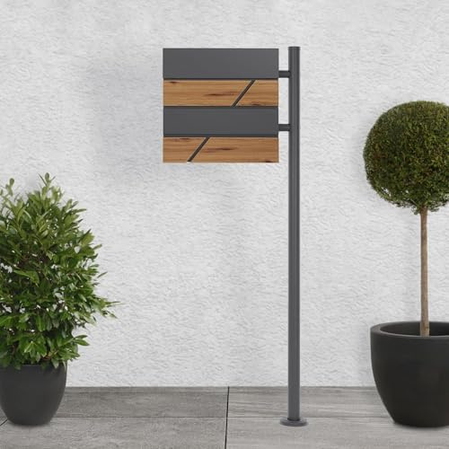 ECD Germany Standbriefkasten mit Zeitungsfach, Design Briefkasten mit Pfosten, Briefkastenanlage, Briefkastenständer Anthrazit aus Edelstahl, Postkasten Anthrazit Holzoptik aus Stahl pulverbechichtet