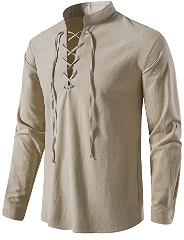 YAOHUOLE Chemise Lin Homme Grande Taille Chemise Viking Homme Kaki M