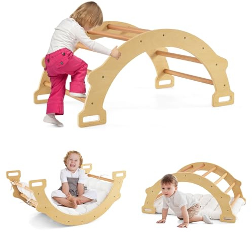 GOPLUS Kinder Kletterbogen mit Kissen, Kletterdreieck Indoor aus Holz, Klettergerüst zum Wippen und Klettern, Holzkletterbogen und Wippe für Kinder ab 3 Jahren (Natur)