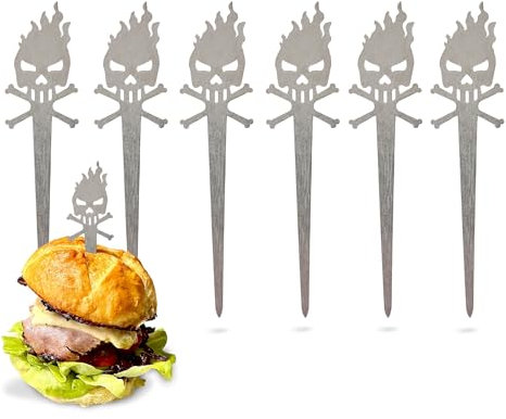 Laser-Tec Burger Spieße | Edelstahl matt | 150mm x 35mm x 1,5mm | 6 Stück | Grill-Spieße | Servierspieße | Spülmaschinenfest | Rostfrei | Made in Germany (150mm x 35mm, SKULL)