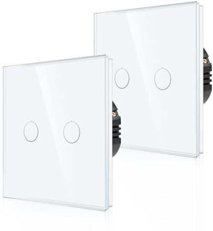CNBINGO Lot de 2 interrupteurs tactiles encastrés, 2 voies, verre blanc | Interrupteur double avec LED d'état et panneau en verre, paire uniquement avec cette série d'interrupteurs