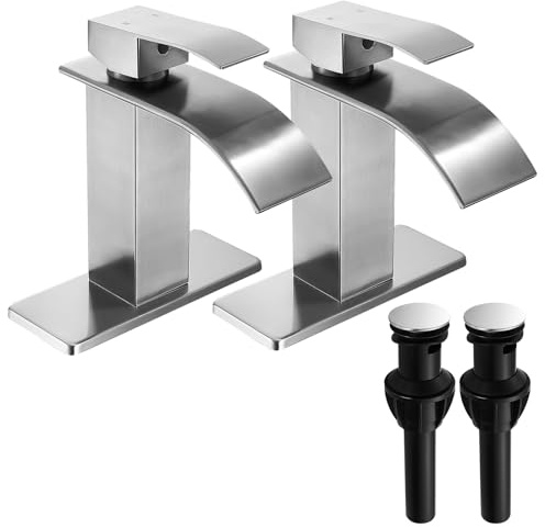 FRANSITON Brushed Nickel Waterfall Bathroom Faucet Lavatory Single Handle 1 or 3 Hole Bathroom Sink Faucet Washbasin Faucet with Deck and Pop-up Drain (Brushed Nickel- Set of 2, Short)
