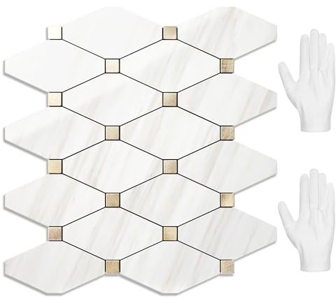 STICKGOO 10 Sheets Peel and Stick Backsplash, Polished Dolomite PVC Mixed Metal Gold Kitchen Backsplash, Stick on Backsplash Wall Tiles for Kitchen, Bathroom, RV