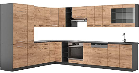 Vicco Eckküche Fame-Line, Goldkraft Eiche/Anthrazit, 347 x 257 cm | 16 Module · Höhenverstellbare Füße · AP Anthrazit inkl. · Robuste Fronten · Softclose · Metallgriffe