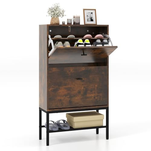 COSTWAY 2-Drawer Shoe Cabinet, Pull Down Wooden Shoe Cupboard with 2 Flip Doors and Bottom Metal Shelf, Freestanding Narrow Shoe Storage Organiser Footwear Stand for Hallway Entryway (Rustic Brown)