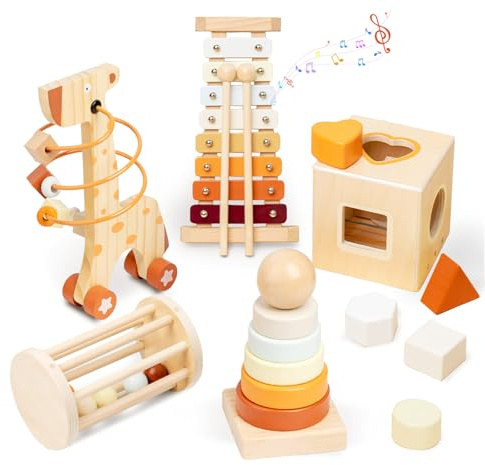 Smartwo Giochi in Legno Montessori 5 in 1, Regali Bambini 1 Anno, Motricità Fine Bambini 1 2 3 Anni, Giocattolo Educativo Multiattività Bimbo con Torre Impilabile, Xilofono, Labirinto Perline