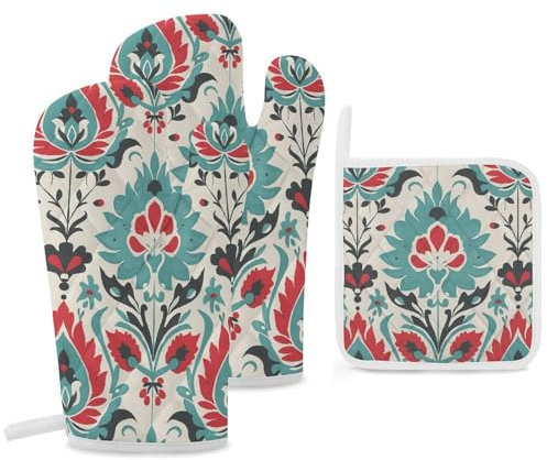 Lot de 3 gants de cuisine et maniques résistants à la chaleur - Motif cyan et rouge