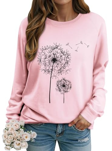 Dresswel Sweatshirt med maskros för damer, långärmad tröja med maskrostryck, för höst och vinter, topp, S