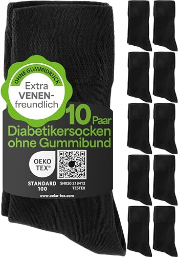 HELDENWERK Diabetikerstrumpor för män och kvinnor 10 par | Diabetikerstrumpor utan elastiskt midjeband och sömmar av 97 % bomull | Extra breda hälsostrumpor med komfortlinning, 43-46 EU