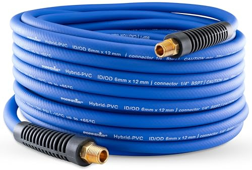 Poppstar Tuyau à Air Comprimé PVC Hybride 30m, Diamètre Intérieur 6mm, Douille en Laiton 1/4 Filetage Extérieur, 20 bar, Bleu