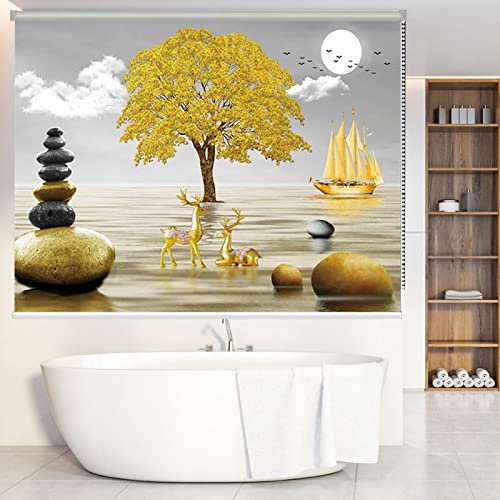 Gold Tree & Elk Pattern 100% Blackout Curtains for Sliding Glass Doors/Patio/Balcony Window Roller Shades Blinds (140cmx140cm)
