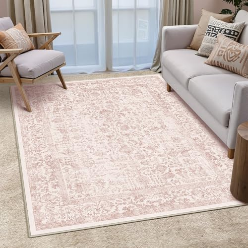 HUGEAR Vintage Vardagsrum Matta Stor Rosa Mattor 150x210cm Tvättbar Halkfri Golvmatta Sovrum Matsal Kontor Utomhus Barnrum Balkong Carpet Rug Mjuk Kort Lugg