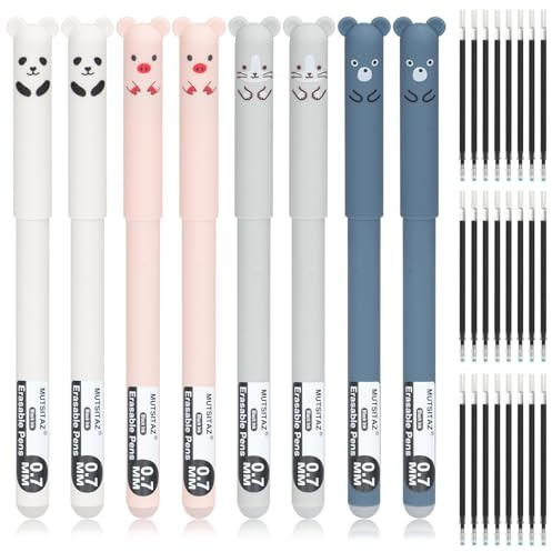 Mutsitaz Erasable Pens Black Ink – 8pcs Cute Animal Friction Pens with 24 Refills, 0.7mm Rub Out Gel Pen for School & Office Supplies