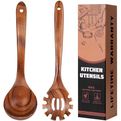 KPWEPK Juego de tenedor y cucharón para pasta, 2 utensilios de cocina antiadherentes de madera de teca natural para cocinar, servir pasta, sopa, salsa