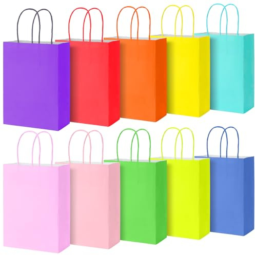30 Stück Papiertüten 10 Farben Geschenktüten, Kraftpapiertüten mit henkel, Geschenktüten für Hochzeitsfeier, Candy Tüten zum Verpacken von Kindergeburtstag, Party, Geschenken, Feiern(15 x 8 x 21 cm)