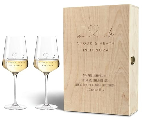 VILLA ROSA LOTTA - Personalisierte Leonardo Weingläser in gravierter Holzkiste - Hochzeitsgeschenk für Brautpaar, Geschenk zur Hochzeit, Verlobung - Name, Datum, Spruch (Gläser + Kiste)