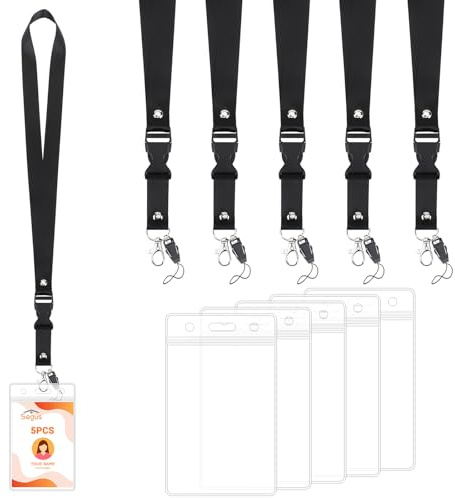 Segus Lanyard Negro, 5 Piezas Porta Tarjetas Identificativas, Cinta Llaves Cuello con Porta Tarjetas, Lanyards con Cierre de Langosta Giratorio, para Oficina, Escuela, Hospital (Vertical)