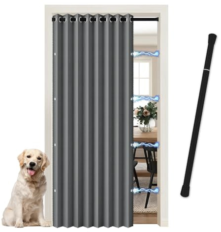 JCyh Cortina de Puerta Opaca Plegable - con Barra Telescópica y Magnética - para Cocina, Interior, Exterior, Separador de Ambientes y Armario Dormitorio, Gris