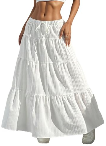 Jupe maxi pour femme - Jupe plissée - Élastique - Taille haute - Jupe maxi trapèze - Style bohème - Jupe enveloppante - En mousseline de soie - Taille haute - Élégante avec cordon de serrage