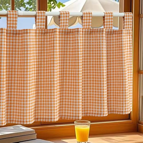 Daliena Scheibengardinen Karo Blickdichte Kurzgardine BxH 150x45cm Orange | Kurzstore mit Schlaufen, Bistrogardine Karomuster, Küchengardinen Modern, Privatsphäre Gardine für Wohnzimmer 1 Stück