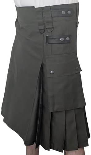 Användbar kilt, armégrön bomull, lastfickor, justerbara remmar, gRÖN, 44 inches / 111 cm