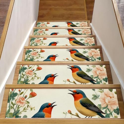 15 gradini per scale in legno, 20,3 x 76,2 cm, antiscivolo, per interni, per bambini, anziani e animali domestici, uccelli da giardino con fiori colorati