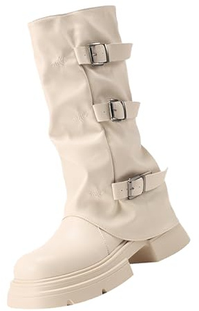 Stivali Invernali Donna Texani,Stivali Biker Donna,Comode Stivaletti Invernali Pelle Nera Stivali Neri Texani Scarpe Stivaletti Trekking Largo Polpaccio Stivaletto