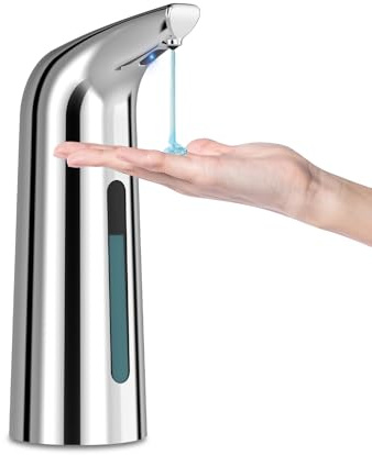 Dispenser Automatico Sapone Senza Contatto，Squisito 400ml Sensore Intelligente 4 Livelli Regolabile dispenser di sapone, Impermeabile IP65，alimentato a batteria，Adatto per Cucina, Bagno (Argento)