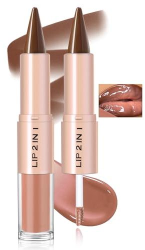 Noerrors 2-in-1-Set mit Lippenkonturenstift und Lipgloss, doppelseitiger Lippenkonturenstift mit Ombré-Effekt in Braun und feuchtigkeitsspendendem Lipgloss für hochglänzende, matte Nude-Lippen