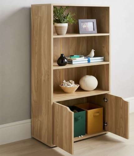 DEENZ 3 Open Shelf Tier Bookcase Solid Oak Wood Finish Cupboard 2 Doors Cabinet Display Home Decor Storage Unit Modern Lines Cube Rack Furniture Floor Mount Heavy Duty 120 X 58 X 29 Cm