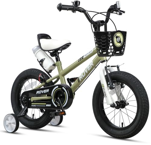 Glerc Rover barncykel 14 tum för barn 3 4 5 år gamla pojkar flickor cyklar med flaska och stabilisatorer och korg, armégrön
