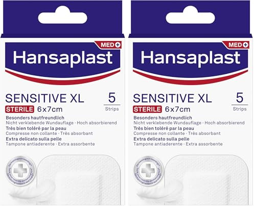 Hansaplast Apósitos Sensitive XL, apósitos para la protección de heridas medianas a grandes, parches hipoalergénicos y estériles sin látex, 1 paquete de 10 unidades de 6 x 7 cm