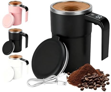 Dewppxi Self-Stirring Magnetic Coffee Cup with Temp Display, Rechargeable Self Stirring Mug with Lid, Automatic Magnetic Stirring Coffee Mug for Coffee, Milk and Other Beverages (Black)