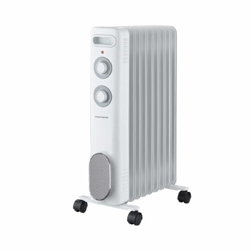 THOMSON - Radiateur mobile bain d'huile CALISTA 2000W blanc, protection contre le renversement et la surchauffe, avec thermostat réglable, silencieux, avec roulettes